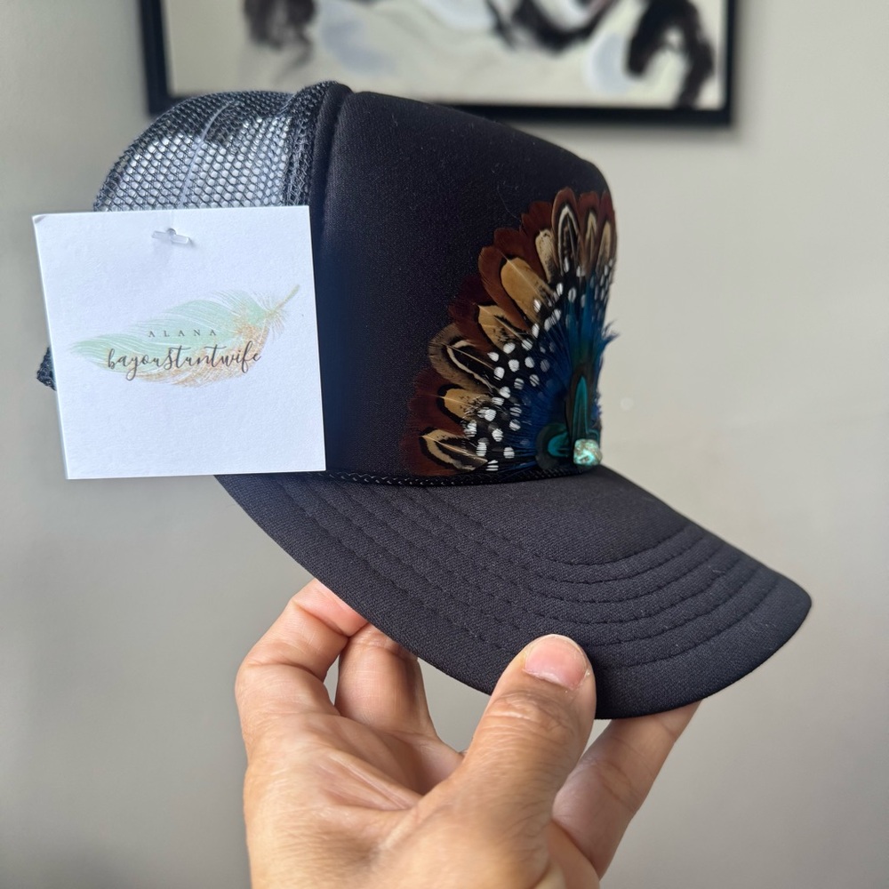 ‘The Boho Bloom’ Handmade Boho Feather Trucker Hat - Picture 2 of 4